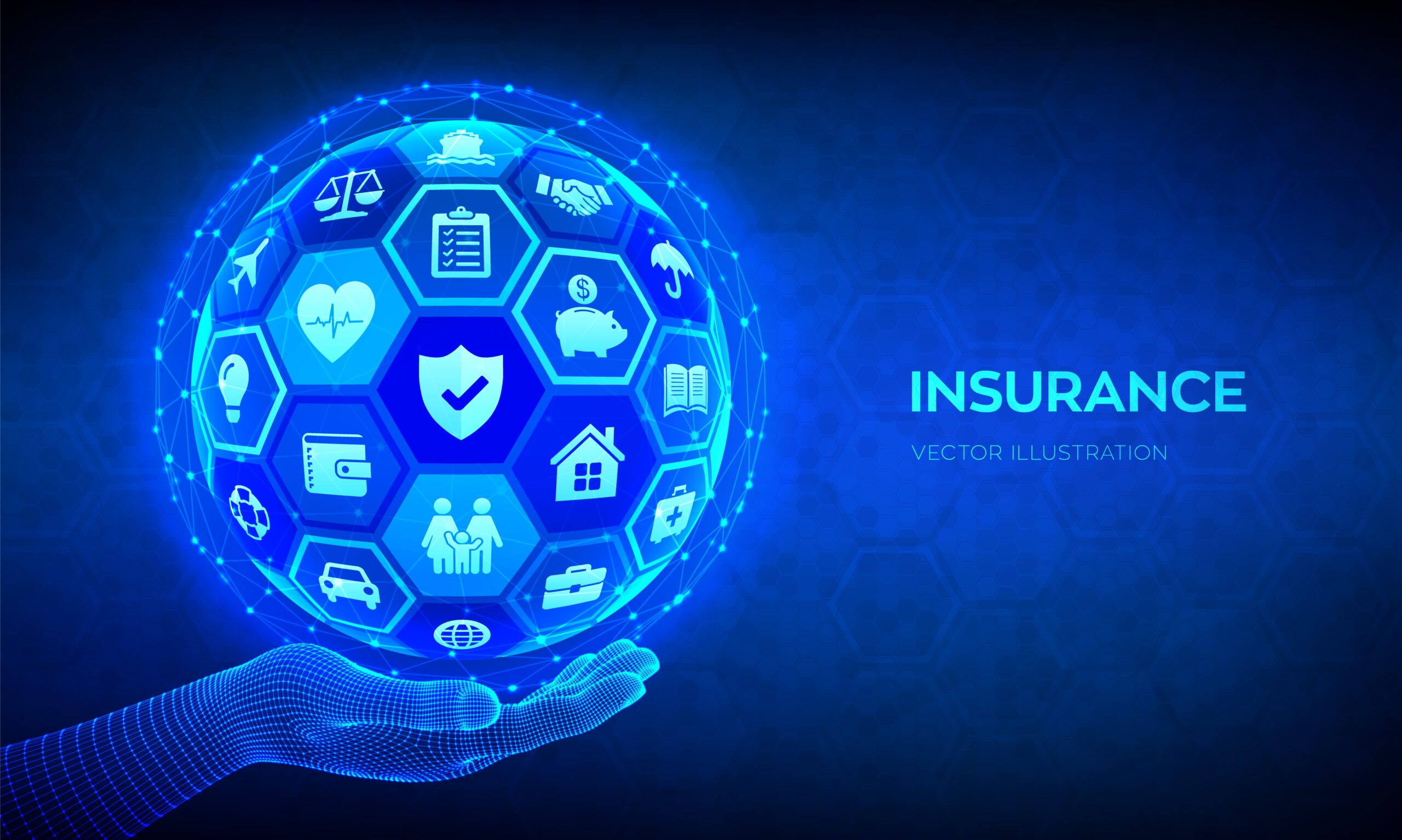 Insurance Services Concept. Car, travel, family, real estate, education, intellectual property, financial and health insurance. Abstract 3D sphere or globe with icons in hand. Vector illustration.